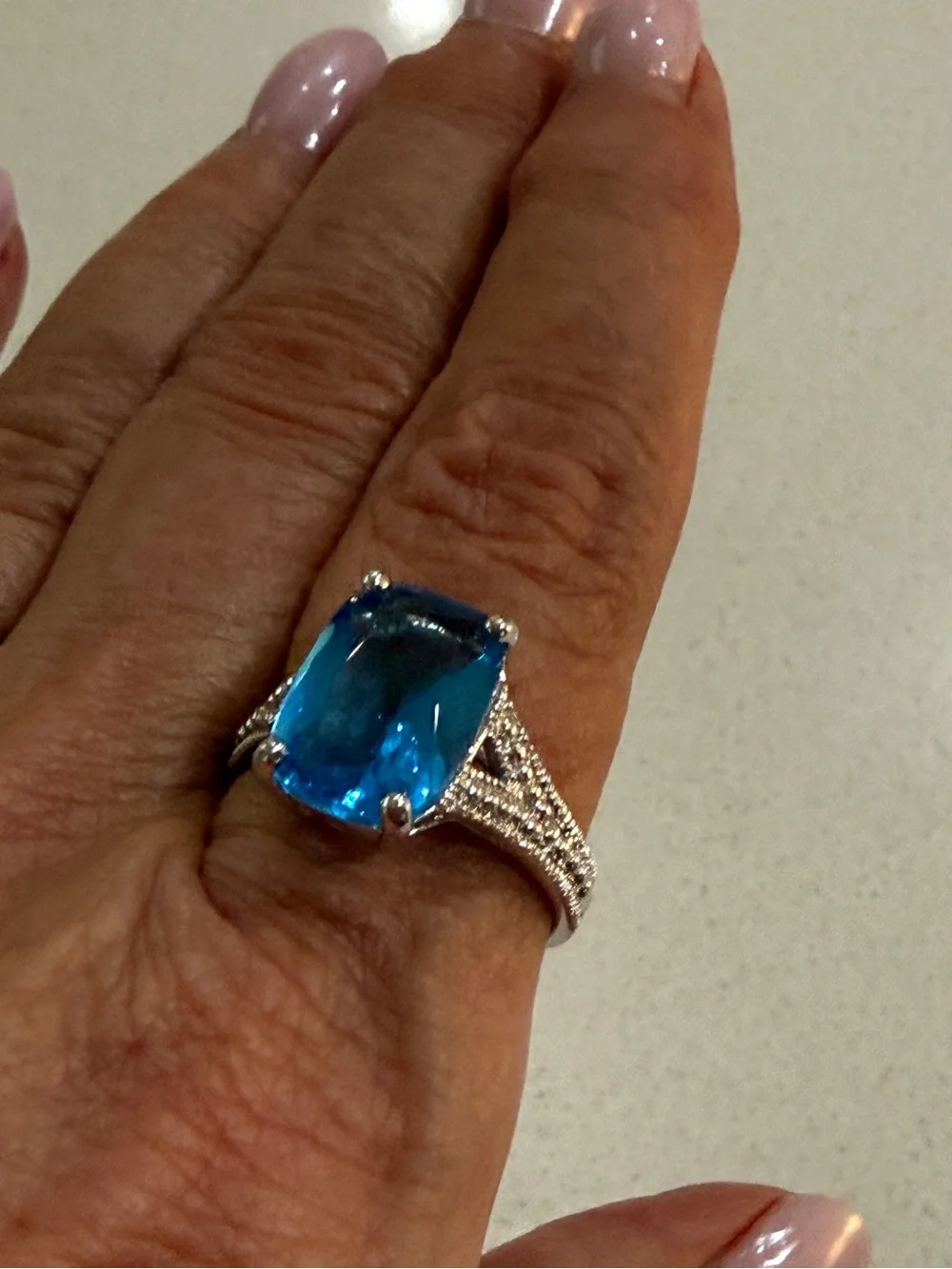 Cocktail Ring with Vibrant Blue CZ Cushion Stone